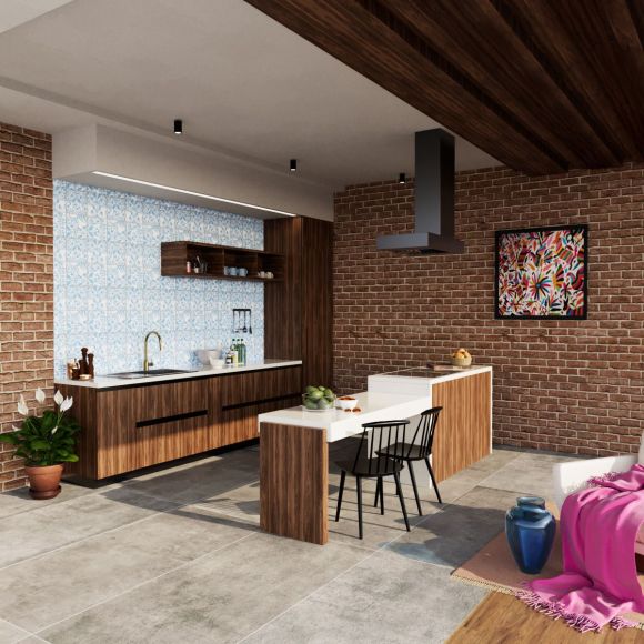 Cocina integral moderna con elementos tradicionales como azulejos y madera