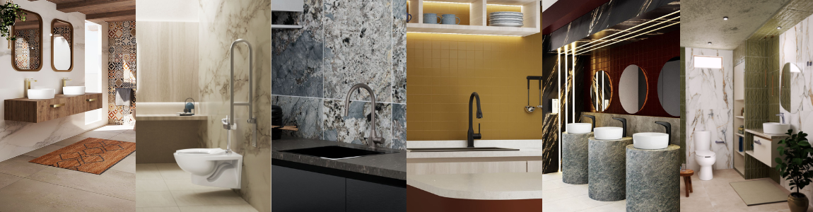 Collage de ambientes de baño y cocina inspirados en los Universos Helvex