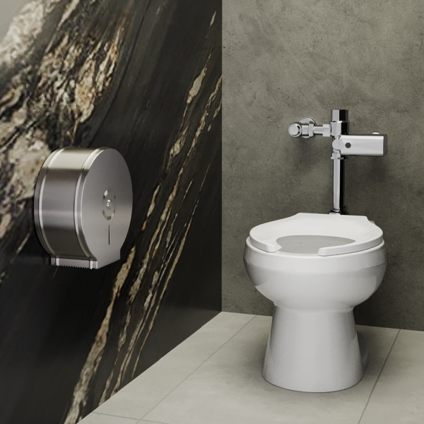 Taza ahorrado NAO con fluxómetro de sensor en un baño con tonos grises con el instalador de papel satinado instalado.